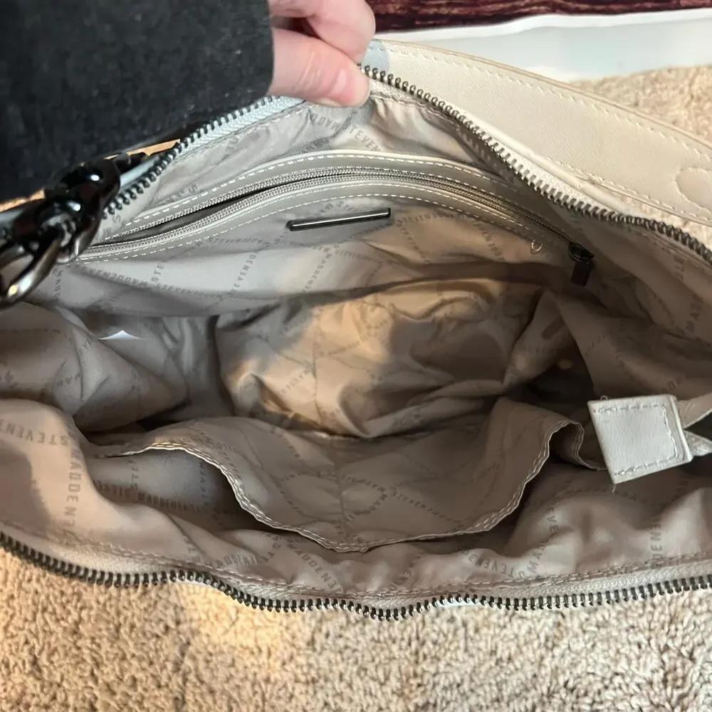 Steve Madden Chalk Quilted Hobo Bag Purse Handbag White Gray Supple 12x10x4